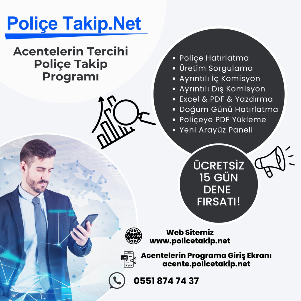 Poliçe takip programı, sigorta acenteleri için geliştirilmiş bir dijital çözüm sunar. Acenteler, poliçeleri yönetme ve takip etme süreçlerinde zaman kazanırken, müşterilerine daha iyi hizmet sunabilirler. Güvenilir yazılım altyapısıyla her yerden erişim imkânı sunan www.policetakip.net, acentelerin dijital dönüşümdeki en büyük yardımcısıdır. Poliçeleri düzenlemek, komisyon tutarlarını takip etmek ve müşteri bilgilerini korumak hiç bu kadar kolay olmamıştı.